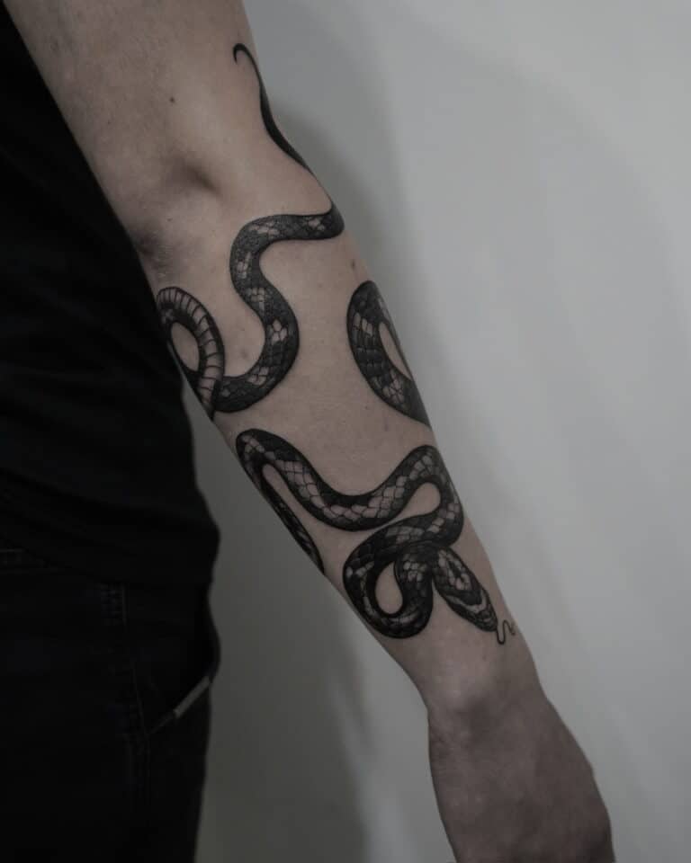 7sinstattoo.pl Zdjęcie z bliska, zidentyfikowane jako DSC09448, przedstawia przedramię osoby z misternym tatuażem czarnego węża, który wije się od nadgarstka w kierunku łokcia. Ta szczegółowa grafika została wykonana w jednym z najlepszych studiów tatuażu w Poznaniu. Osoba ma jasną skórę i nosi czarną koszulę z krótkim rękawem na jednolitym, jasnym tle. Najlepsze studio tatuażu Seven Sins Tattoo