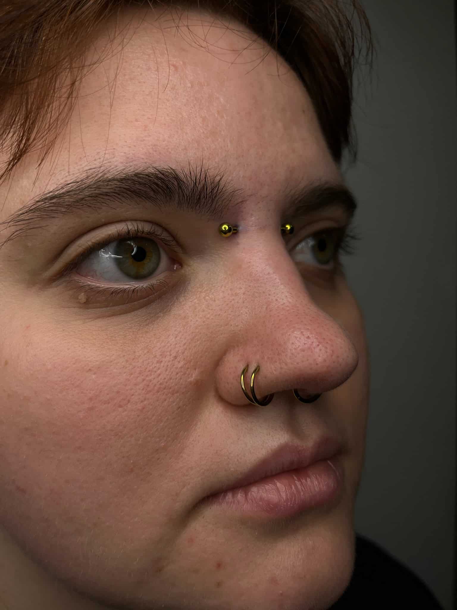 7sinstattoo.pl Zdjęcie z bliska, oznaczone jako IMG_5917, przedstawia osobę o bladej skórze ozdobioną różnymi piercingami twarzy: podwójnym kolczykiem w nosie, kolczykiem w przegrodzie nosowej i piercingiem mostka z dwoma koralikami. Ich urzekające zielone oczy patrzą lekko w górę. To szczegółowe zdjęcie zostało zrobione w najlepszym studiu tatuażu w Poznaniu. Najlepsze studio tatuażu Seven Sins Tattoo