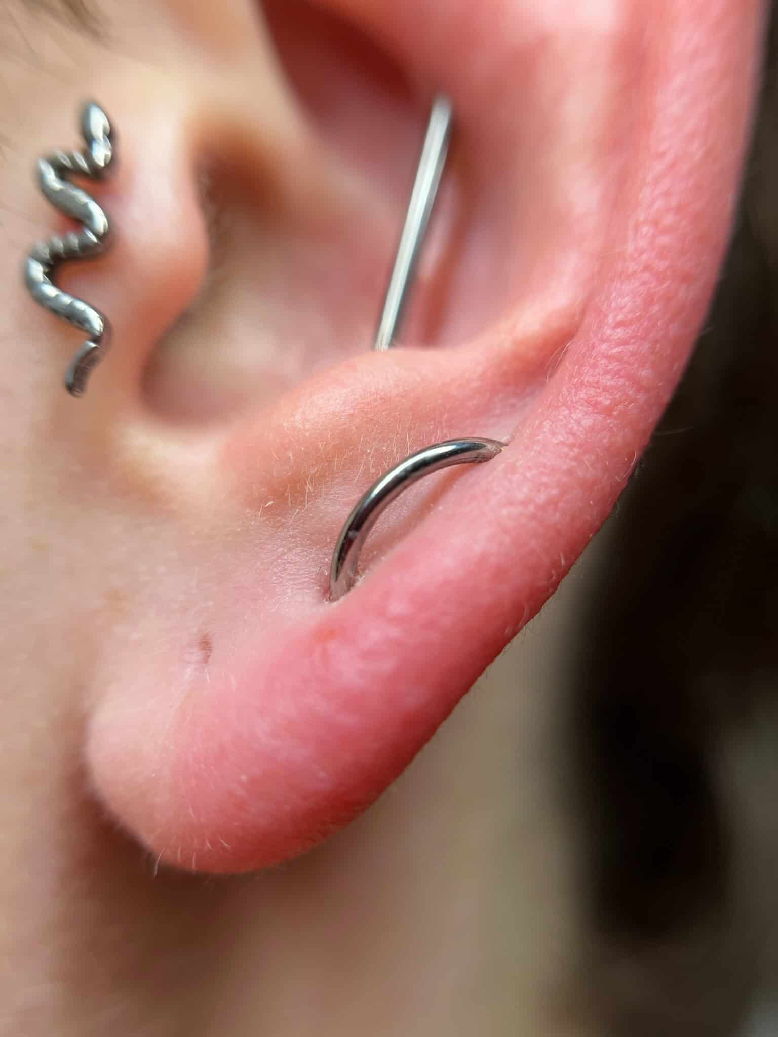 7sinstattoo.pl Zbliżenie na ucho z trzema piercingami ze studia tatuażu Poznań, wyróżnione w IMG_6084. Górny piercing prezentuje metalowy zakrzywiony pręt, środkowy ozdobiony jest kolcem w kształcie węża, a dolny piercing ma zakrzywiony pierścień. Skóra wokół piercingu wydaje się lekko czerwona. Najlepsze studio tatuażu Seven Sins Tattoo
