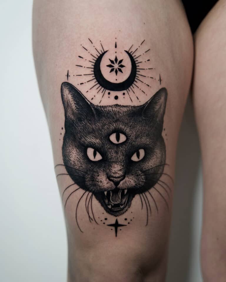 7sinstattoo.pl Czarno-szary tatuaż Poznań na udzie człowieka przedstawia głowę kota z trzema oczami, otwartą paszczą pokazującą zęby i szczegółowe wąsy. Nad kotem znajduje się półksiężyc, gwiazda i dodatkowe elementy dekoracyjne. Odwiedź najlepsze studio tatuażu Poznań, aby uzyskać wyjątkową sztukę tatuażu z wzorami takimi jak Копия DSC03086оьоо. Najlepsze studio tatuażu Seven Sins Tattoo